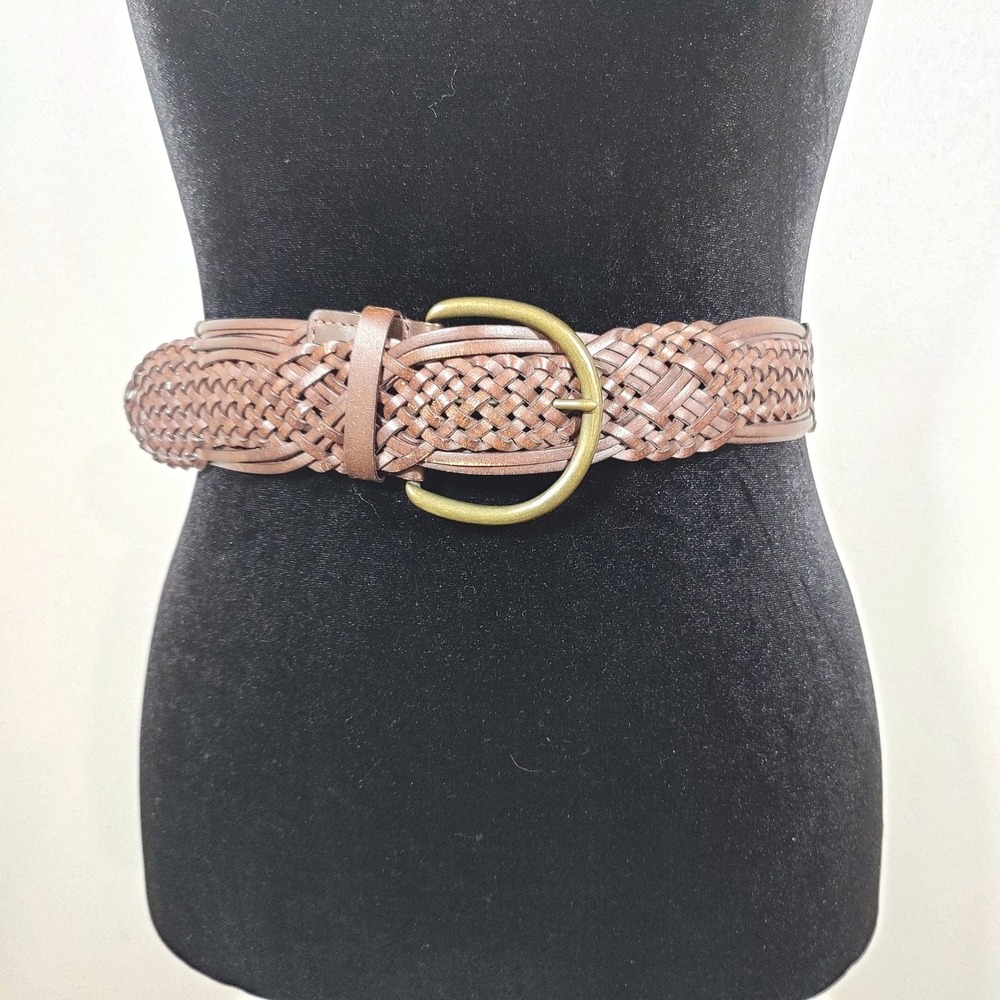 Brown Woven Braided Bonded Leather Belt Medium Brass Buckle Boho Western
